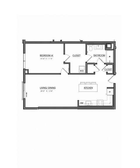 Floor plan for 1 bed, 1 bath, 814 sqft